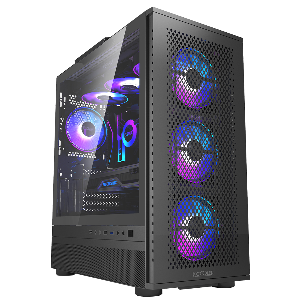 PCCOOLER CARCASA, Tower, ATX, fara sursa, sticla securizata, 3 ventilatoare incluse, ME200 MESH BK