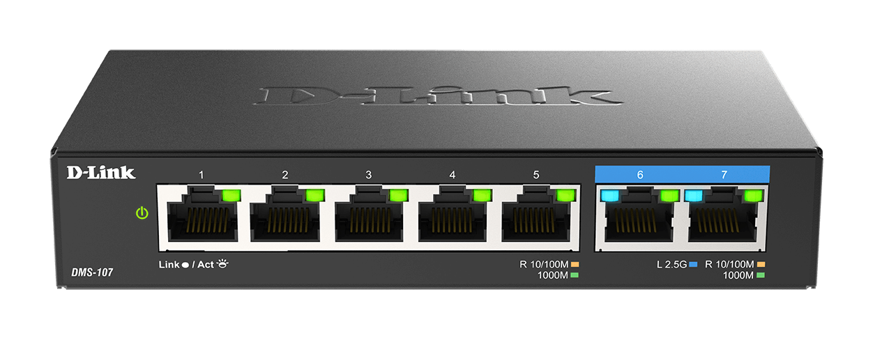 D-Link SWITCH unmanaged 7 porturi, 5 porturi Gigabit, 2 porturi 2.5 Gigabit, carcasa, DMS-107