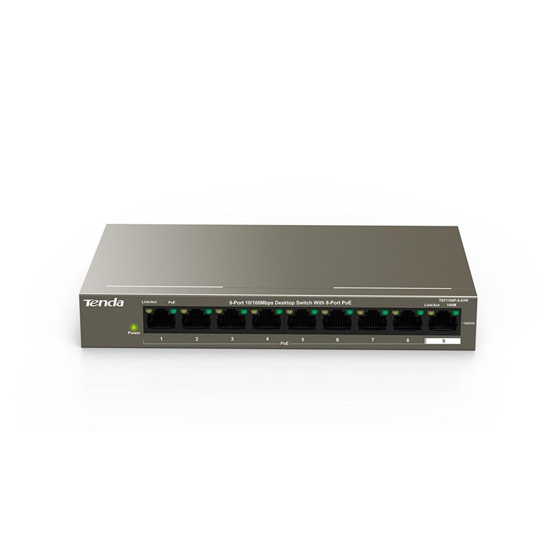 Tenda SWITCH unmanaged, 9 porturi RJ-45 10/100 dintre care 8 au PoE putere totala, TEF1109P-8-63W